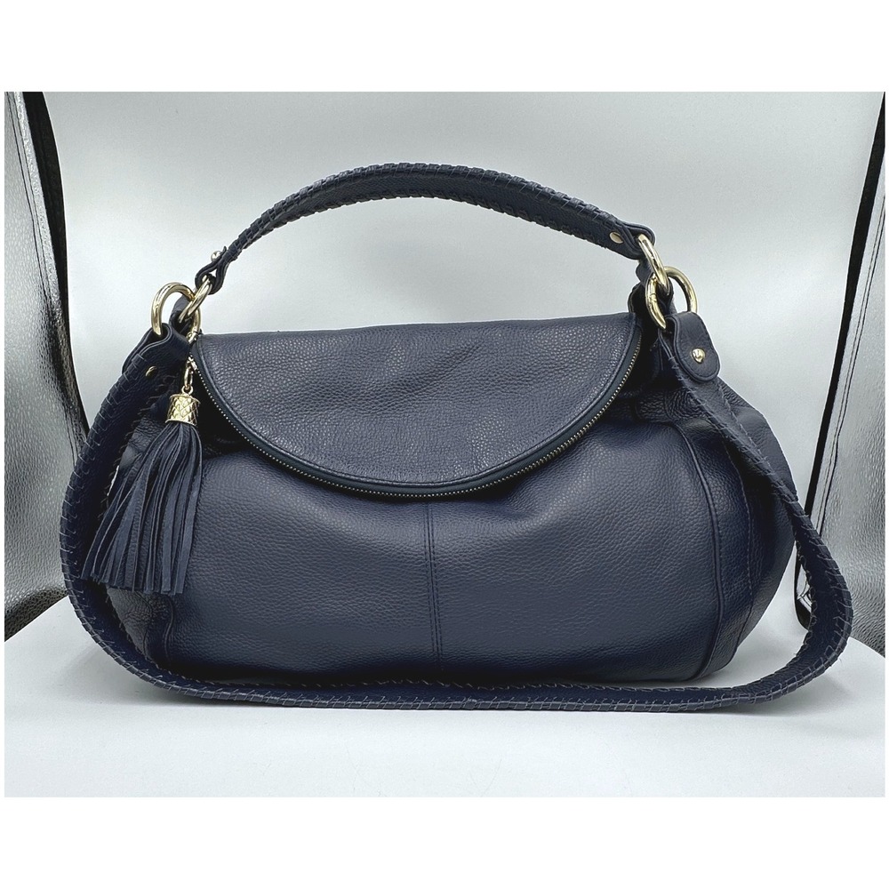Onna‎ Ehrlich Rachel Navy Blue Pebbled Leather Fold-Over Bag Tassel ASO Cam Diaz